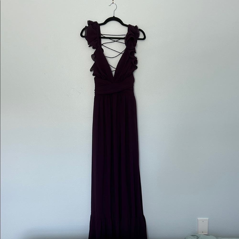 Lulu's Plum Ruffle-Shoulder Maxi Dress with Lace-Up Back